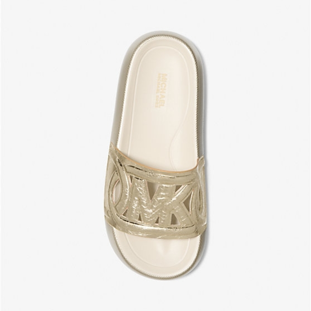 MICHAEL Michael Kors Splash Metallic Pale Gold Leather Slide Sandal Size 9 - Picture 3 of 11